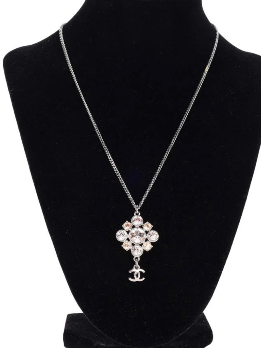CHANEL Crystal Cluster Pendant Necklace with Logo Charm - Silver Tone
